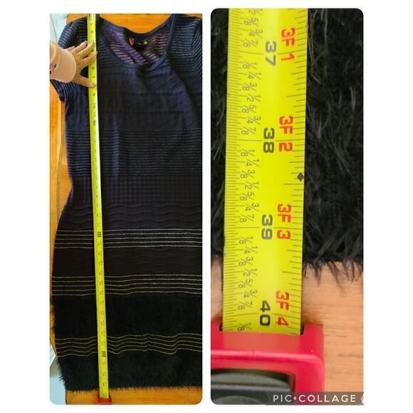 Just Taylor Black Knit‎ Sweater Dress Sz Large Fur Gold Striped Black Sheath - Picture 12 of 12